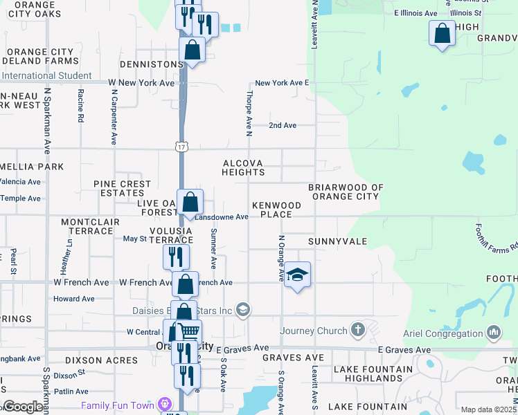 map of restaurants, bars, coffee shops, grocery stores, and more near 429 East Lansdowne Avenue in Orange City