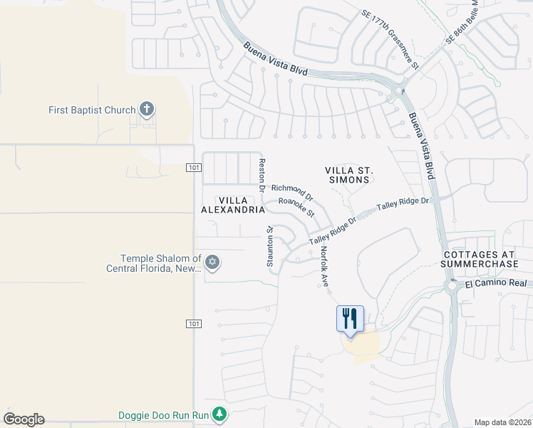 map of restaurants, bars, coffee shops, grocery stores, and more near 3390 Reston Drive in The Villages