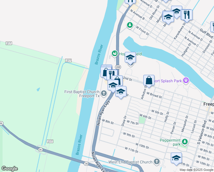 map of restaurants, bars, coffee shops, grocery stores, and more near 401 South Brazosport Boulevard in Freeport