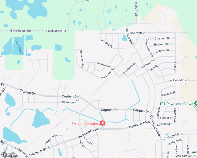 map of restaurants, bars, coffee shops, grocery stores, and more near 2591 Coachman Drive in Deltona