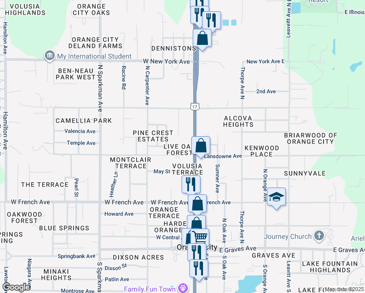 map of restaurants, bars, coffee shops, grocery stores, and more near 140 Forest Lane in Orange City