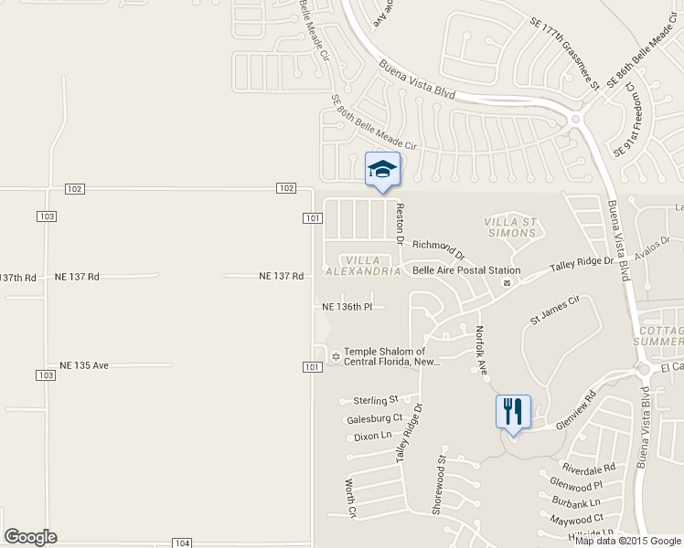 map of restaurants, bars, coffee shops, grocery stores, and more near 3484 Roanoke Street in The Villages