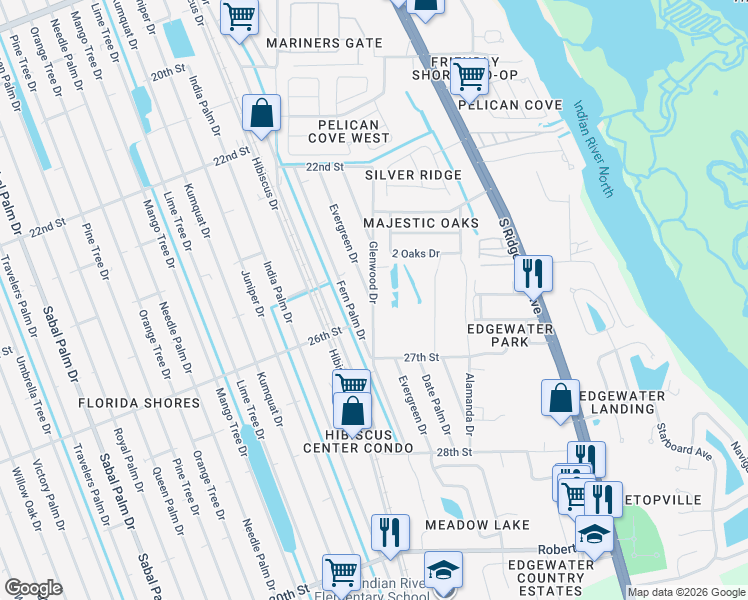map of restaurants, bars, coffee shops, grocery stores, and more near 2601 Glenwood Drive in Edgewater