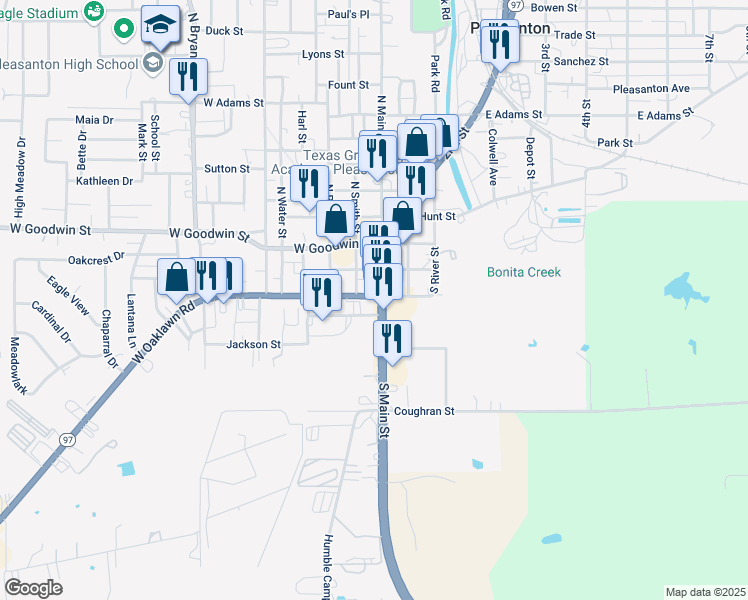 map of restaurants, bars, coffee shops, grocery stores, and more near 219 South Main Street in Pleasanton