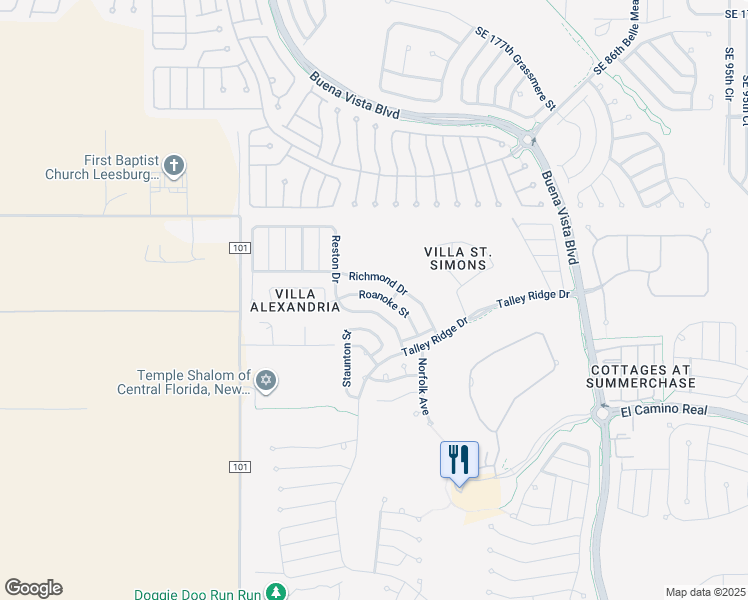 map of restaurants, bars, coffee shops, grocery stores, and more near 3337 Roanoke Street in The Villages