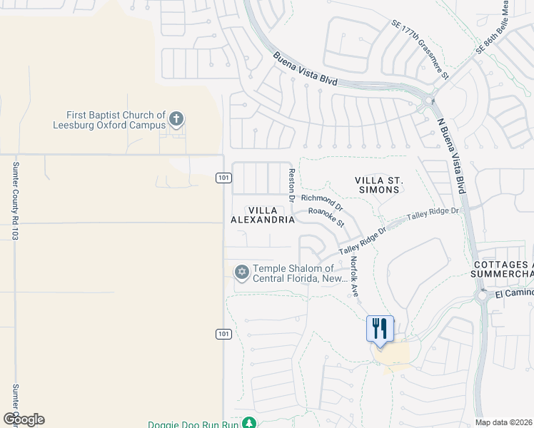 map of restaurants, bars, coffee shops, grocery stores, and more near 3556 Roanoke Street in The Villages