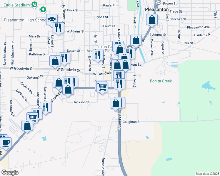 map of restaurants, bars, coffee shops, grocery stores, and more near 219 West Oaklawn Road in Pleasanton