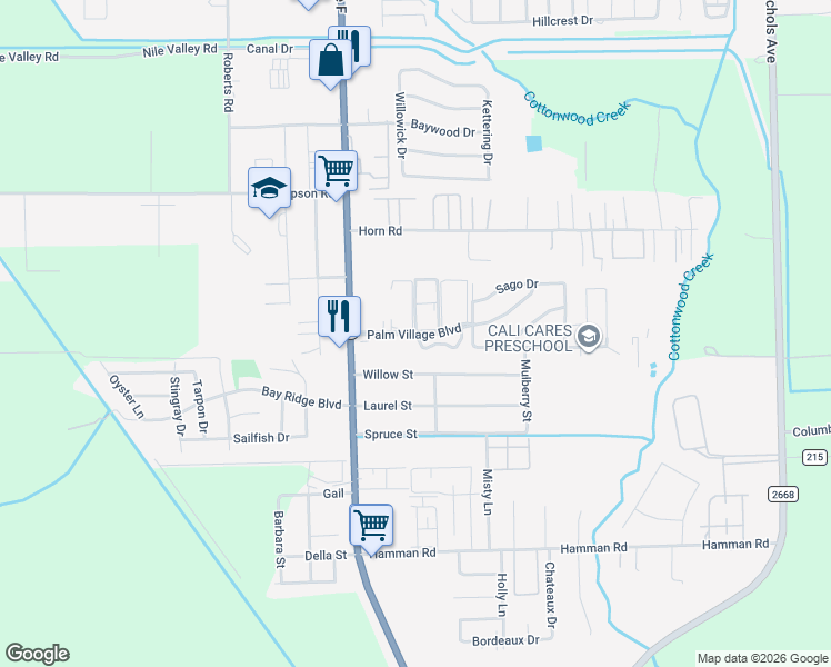 map of restaurants, bars, coffee shops, grocery stores, and more near 1801 Palm Village Boulevard in Bay City