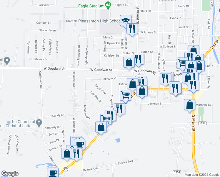 map of restaurants, bars, coffee shops, grocery stores, and more near 302 Chaparral Drive in Pleasanton