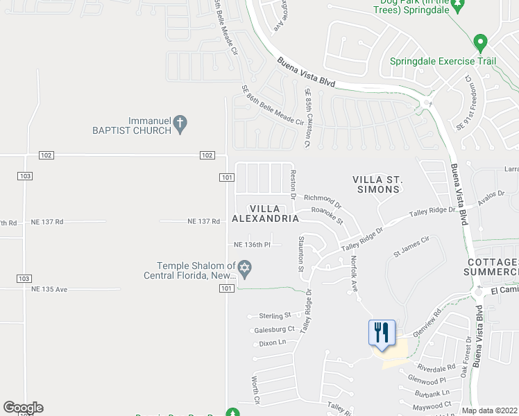 map of restaurants, bars, coffee shops, grocery stores, and more near 3545 Roanoke Street in The Villages