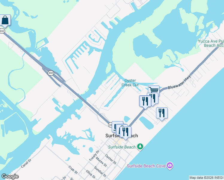 map of restaurants, bars, coffee shops, grocery stores, and more near 315 Pompano Lane in Surfside Beach