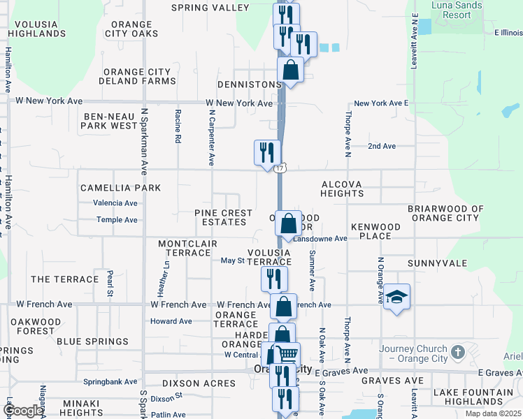 map of restaurants, bars, coffee shops, grocery stores, and more near 930 Beau Ct in Orange City
