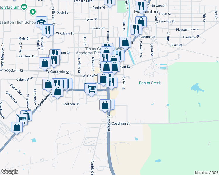 map of restaurants, bars, coffee shops, grocery stores, and more near 219 S Main St in Pleasanton
