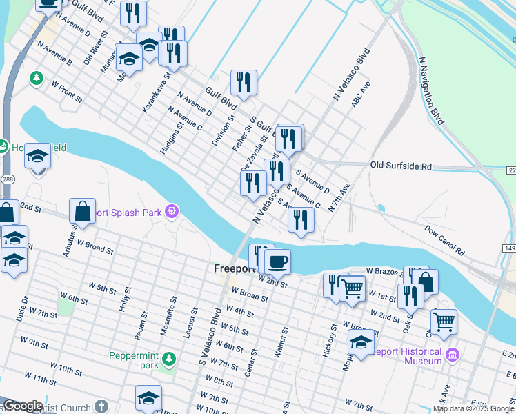 map of restaurants, bars, coffee shops, grocery stores, and more near South Avenue A in Freeport