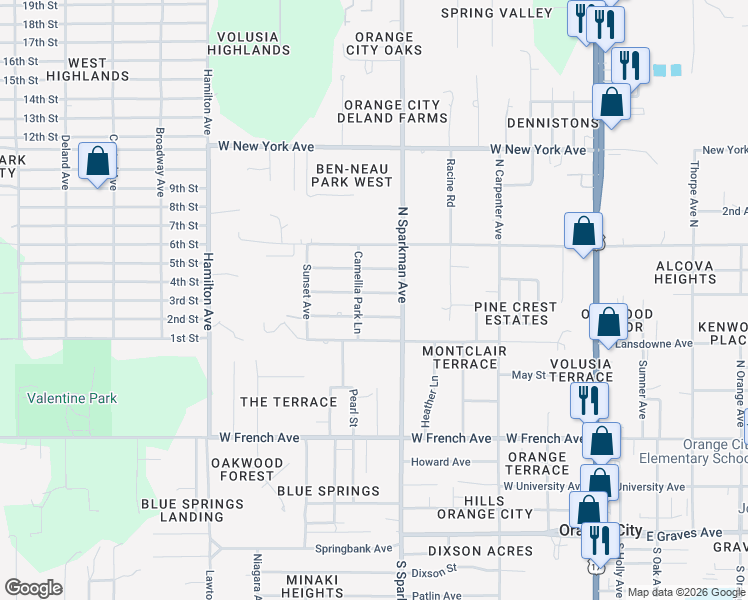 map of restaurants, bars, coffee shops, grocery stores, and more near 792 Valencia Avenue in Orange City