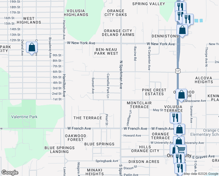 map of restaurants, bars, coffee shops, grocery stores, and more near 792 Valencia Avenue in Orange City