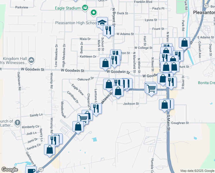 map of restaurants, bars, coffee shops, grocery stores, and more near 913 Hillcrest Drive in Pleasanton