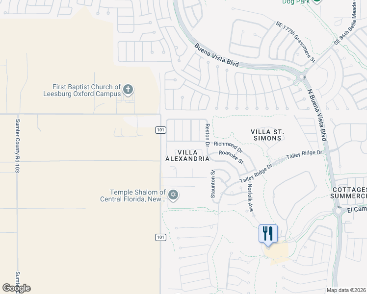 map of restaurants, bars, coffee shops, grocery stores, and more near 3556 Roanoke Street in The Villages