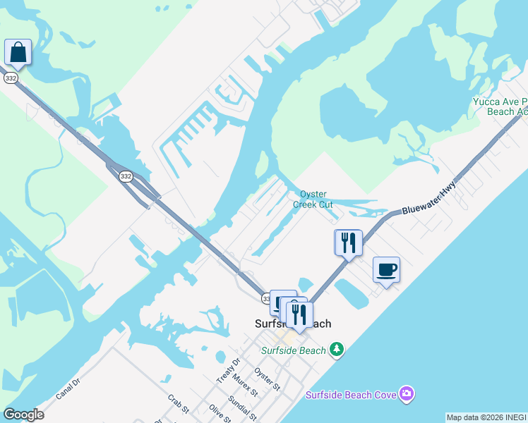 map of restaurants, bars, coffee shops, grocery stores, and more near 315 Pompano Lane in Surfside Beach