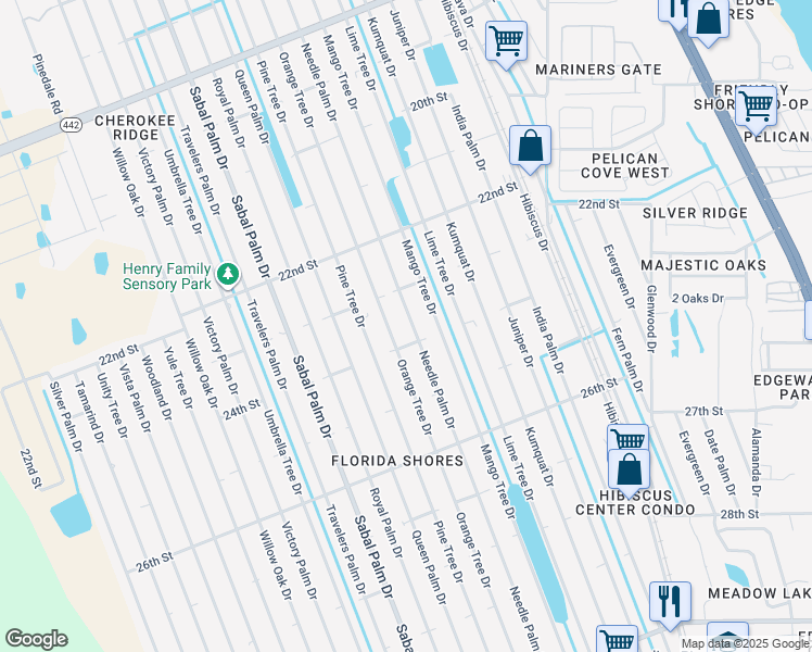 map of restaurants, bars, coffee shops, grocery stores, and more near 2324 Needle Palm Drive in Edgewater