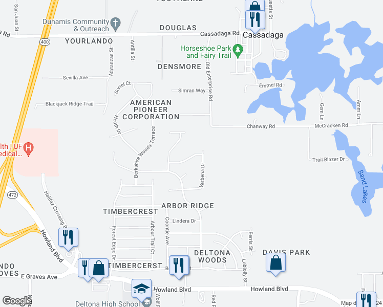 map of restaurants, bars, coffee shops, grocery stores, and more near 3128 Wood Rose Way in Deltona