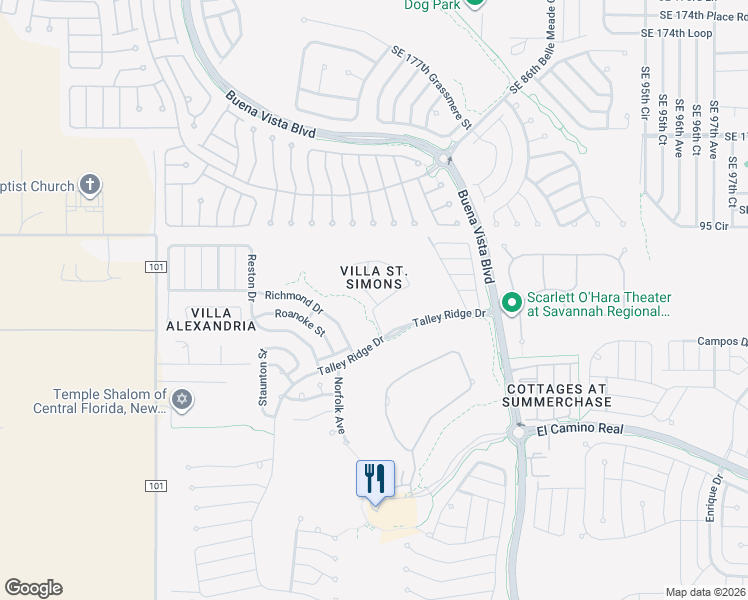 map of restaurants, bars, coffee shops, grocery stores, and more near Dalton Drive in The Villages