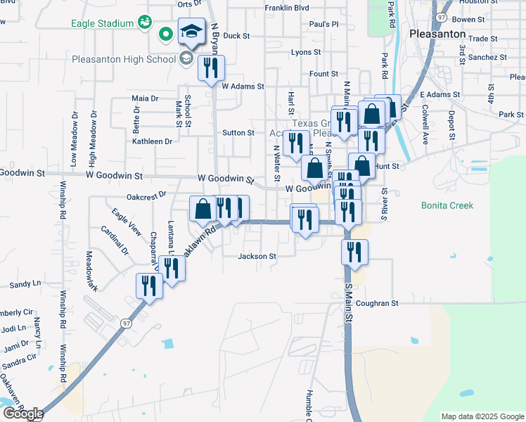 map of restaurants, bars, coffee shops, grocery stores, and more near 604 West Oaklawn Road in Pleasanton