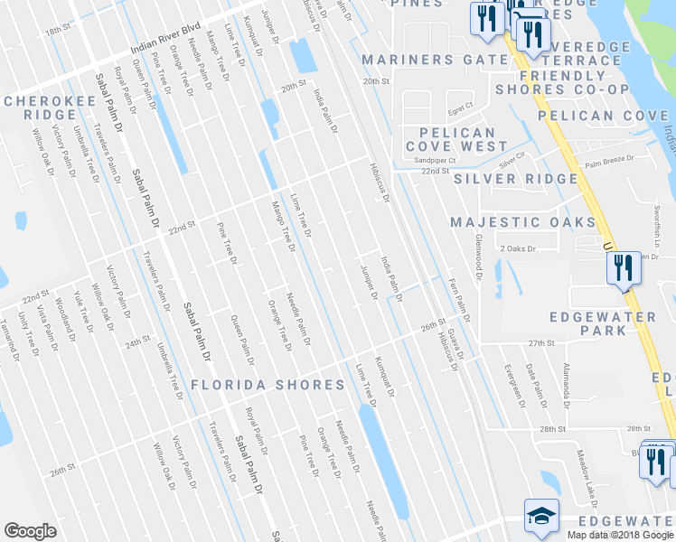 map of restaurants, bars, coffee shops, grocery stores, and more near 2404 Kumquat Drive in Edgewater