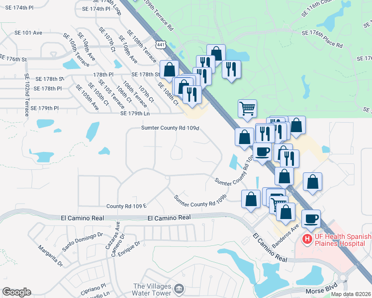 map of restaurants, bars, coffee shops, grocery stores, and more near 13662 County Road 109D-3 in Lady Lake