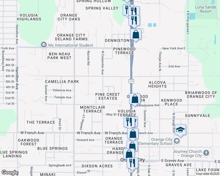 map of restaurants, bars, coffee shops, grocery stores, and more near 972 Garden Lane in Orange City