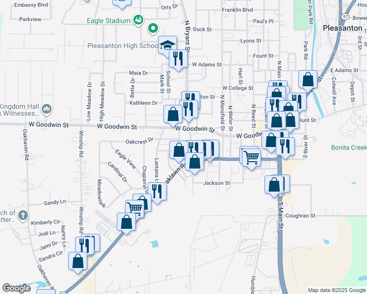 map of restaurants, bars, coffee shops, grocery stores, and more near 913 Hillcrest Drive in Pleasanton