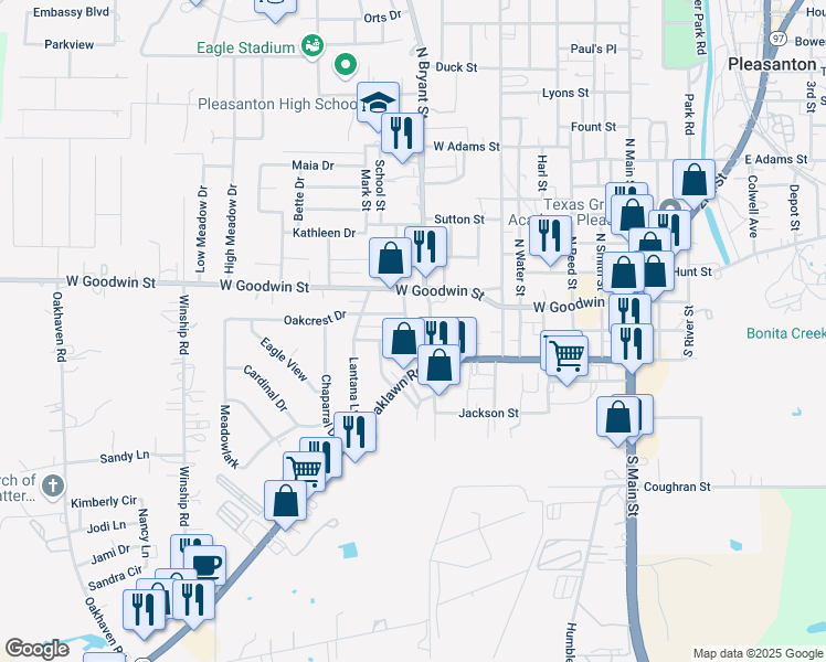 map of restaurants, bars, coffee shops, grocery stores, and more near 913 Hillcrest Drive in Pleasanton