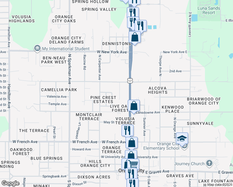 map of restaurants, bars, coffee shops, grocery stores, and more near 930 Beau Court in Orange City