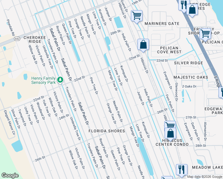 map of restaurants, bars, coffee shops, grocery stores, and more near 2324 Needle Palm Drive in Edgewater