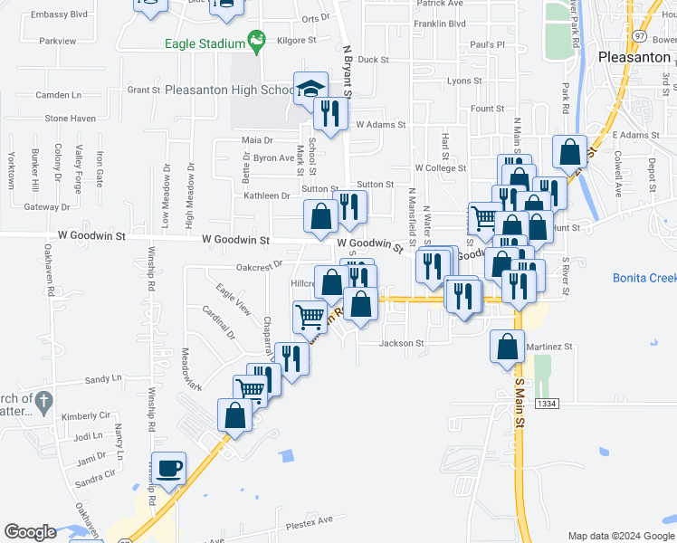 map of restaurants, bars, coffee shops, grocery stores, and more near 209 Greenlawn Avenue in Pleasanton