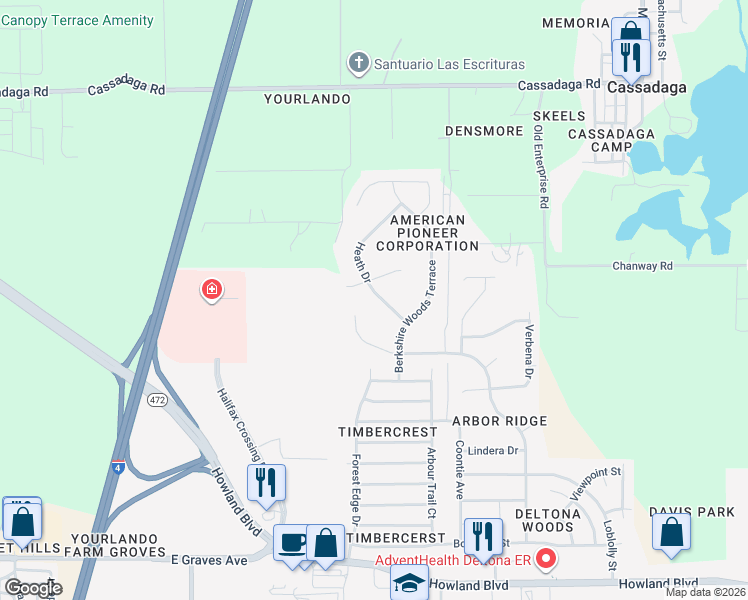 map of restaurants, bars, coffee shops, grocery stores, and more near 3348 Heath Drive in Deltona