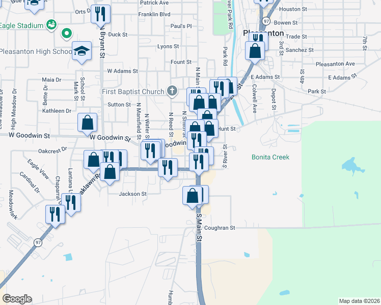 map of restaurants, bars, coffee shops, grocery stores, and more near 103 North Smith Street in Pleasanton