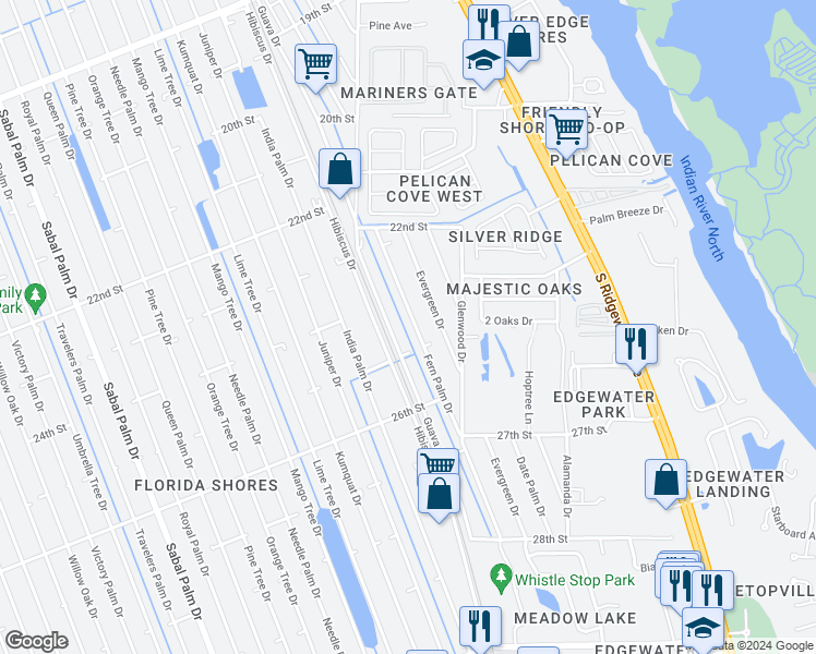 map of restaurants, bars, coffee shops, grocery stores, and more near 2354 Fern Palm Drive in Edgewater
