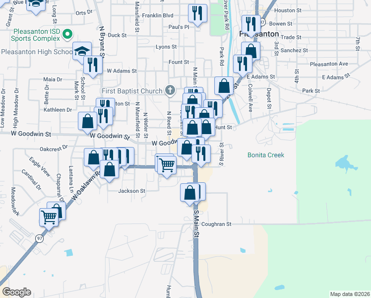 map of restaurants, bars, coffee shops, grocery stores, and more near 103 North Smith Street in Pleasanton
