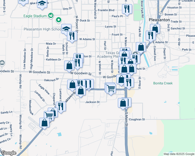 map of restaurants, bars, coffee shops, grocery stores, and more near 104 South Water Street in Pleasanton