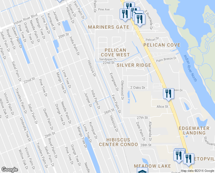 map of restaurants, bars, coffee shops, grocery stores, and more near 2346 Fern Palm Drive in Edgewater