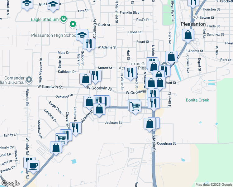map of restaurants, bars, coffee shops, grocery stores, and more near 104 South Water Street in Pleasanton