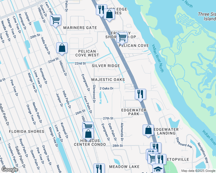 map of restaurants, bars, coffee shops, grocery stores, and more near 217 2 Oaks Drive in Edgewater