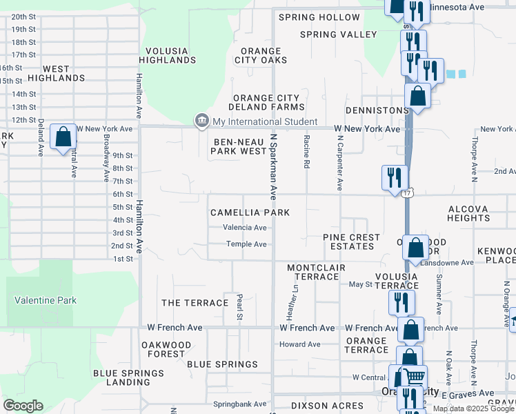 map of restaurants, bars, coffee shops, grocery stores, and more near 745 Tangelo Avenue in Orange City