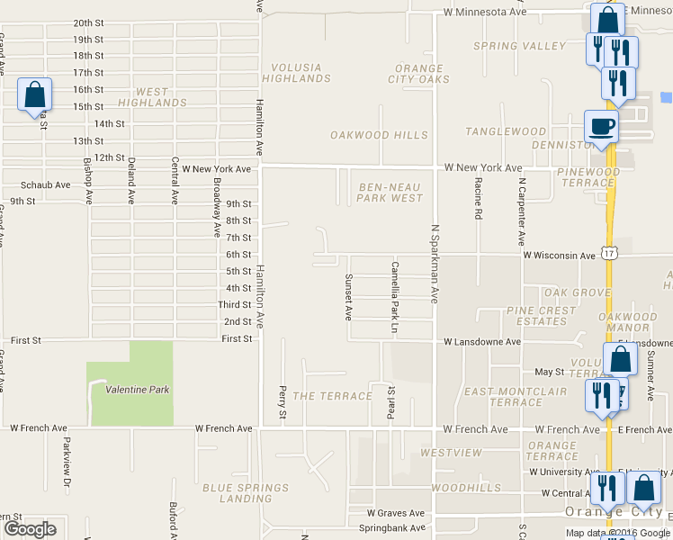 map of restaurants, bars, coffee shops, grocery stores, and more near 940 Laurel Oaks Lane in Orange City