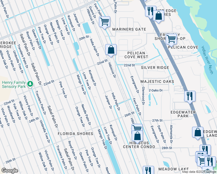 map of restaurants, bars, coffee shops, grocery stores, and more near 2324 India Palm Drive in Edgewater