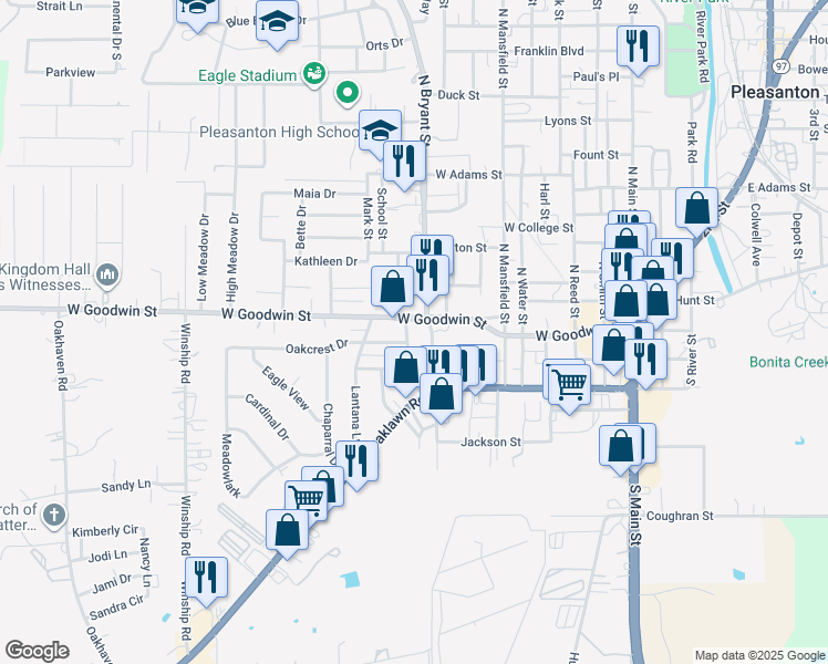 map of restaurants, bars, coffee shops, grocery stores, and more near 115 Greenlawn Avenue in Pleasanton