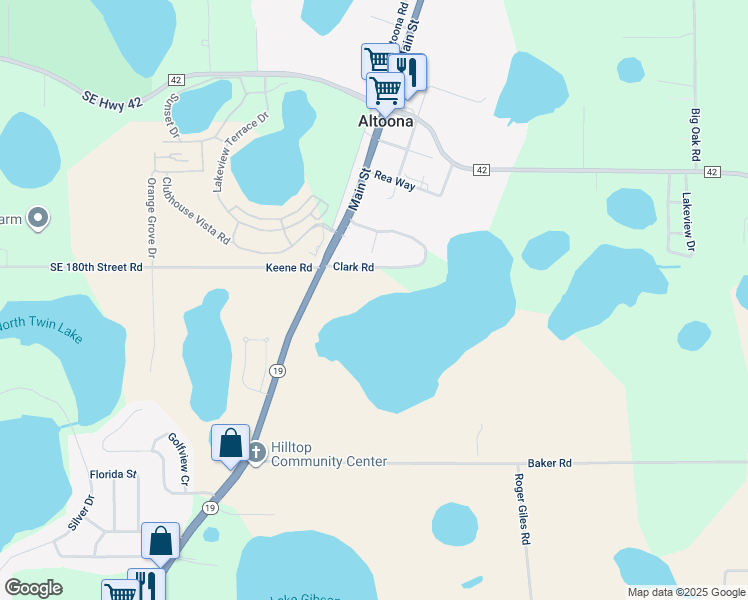 map of restaurants, bars, coffee shops, grocery stores, and more near 41846 Florida 19 in Umatilla