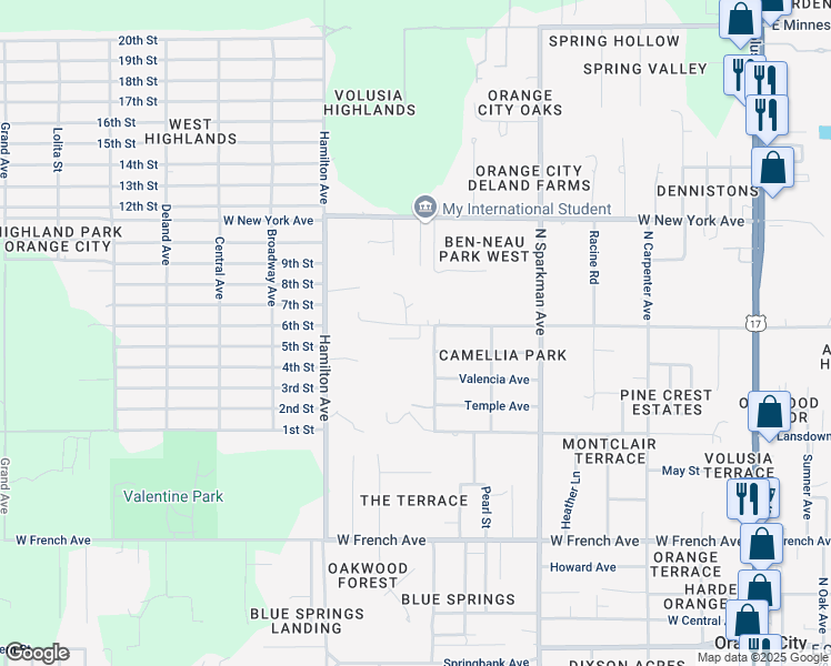 map of restaurants, bars, coffee shops, grocery stores, and more near 940 Laurel Oaks Lane in Orange City
