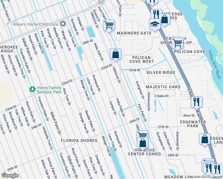 map of restaurants, bars, coffee shops, grocery stores, and more near 2324 India Palm Drive in Edgewater